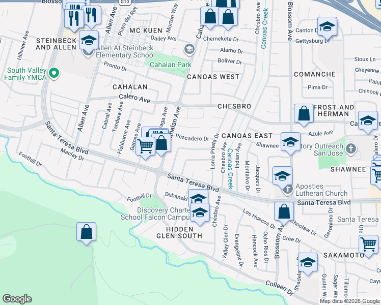 map of restaurants, bars, coffee shops, grocery stores, and more near 6029 Salida Del Sol in San Jose