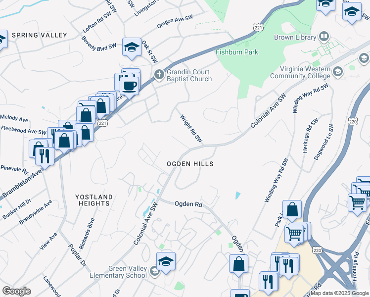 map of restaurants, bars, coffee shops, grocery stores, and more near 3538 Robyn Rd SW in Roanoke