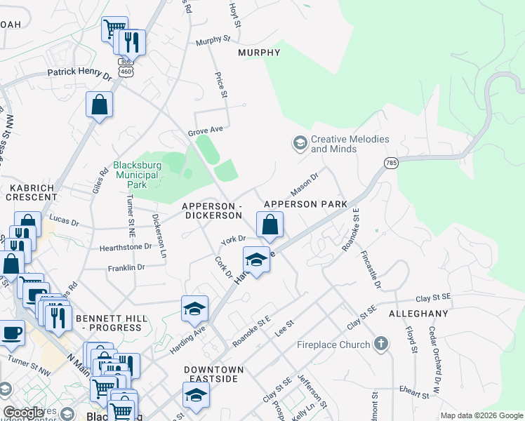 map of restaurants, bars, coffee shops, grocery stores, and more near 401 Apperson Drive in Blacksburg