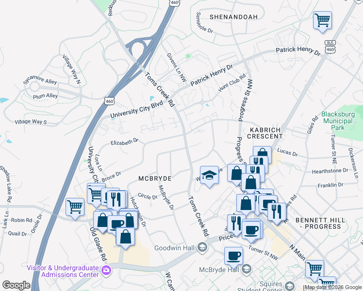 map of restaurants, bars, coffee shops, grocery stores, and more near in Blacksburg