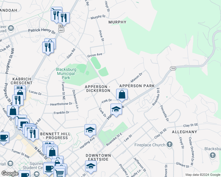 map of restaurants, bars, coffee shops, grocery stores, and more near 412 Patrick Henry Drive in Blacksburg