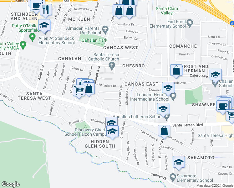 map of restaurants, bars, coffee shops, grocery stores, and more near 6006 Salida Del Sol in San Jose
