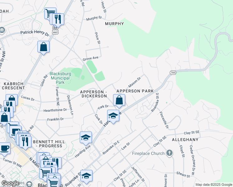 map of restaurants, bars, coffee shops, grocery stores, and more near 401 Apperson Drive in Blacksburg