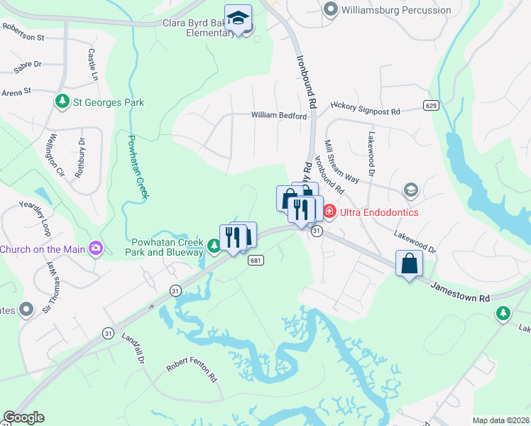 map of restaurants, bars, coffee shops, grocery stores, and more near 1807 Jamestown Road in Williamsburg