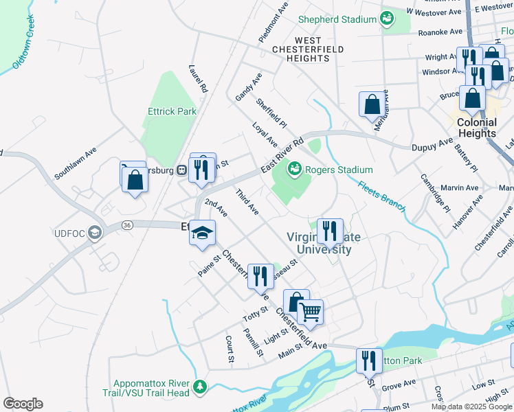 map of restaurants, bars, coffee shops, grocery stores, and more near 20709 Third Avenue in Ettrick