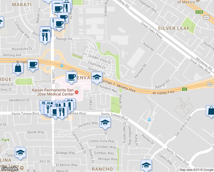 map of restaurants, bars, coffee shops, grocery stores, and more near 6225 Barb Werner Lane in San Jose