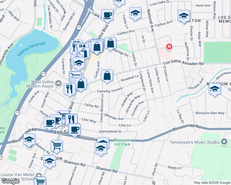 map of restaurants, bars, coffee shops, grocery stores, and more near 16344 Camellia Terrace in Los Gatos