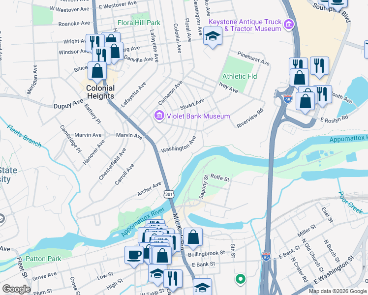 map of restaurants, bars, coffee shops, grocery stores, and more near 230 Washington Avenue in Colonial Heights