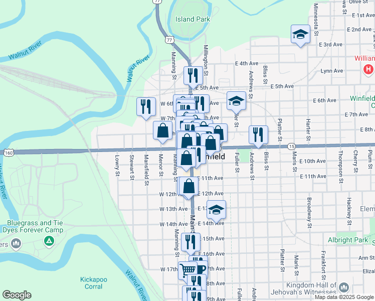 map of restaurants, bars, coffee shops, grocery stores, and more near 901 Main Street in Winfield
