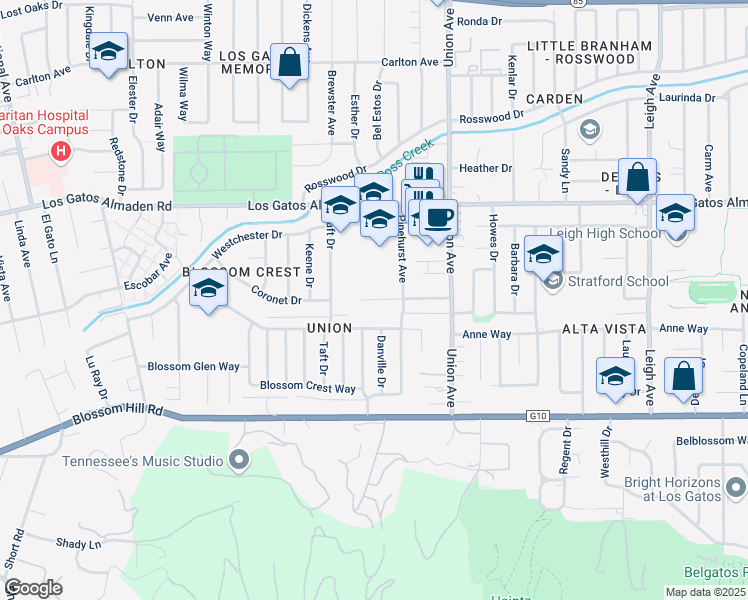 map of restaurants, bars, coffee shops, grocery stores, and more near 15104 Lynn Avenue in Los Gatos