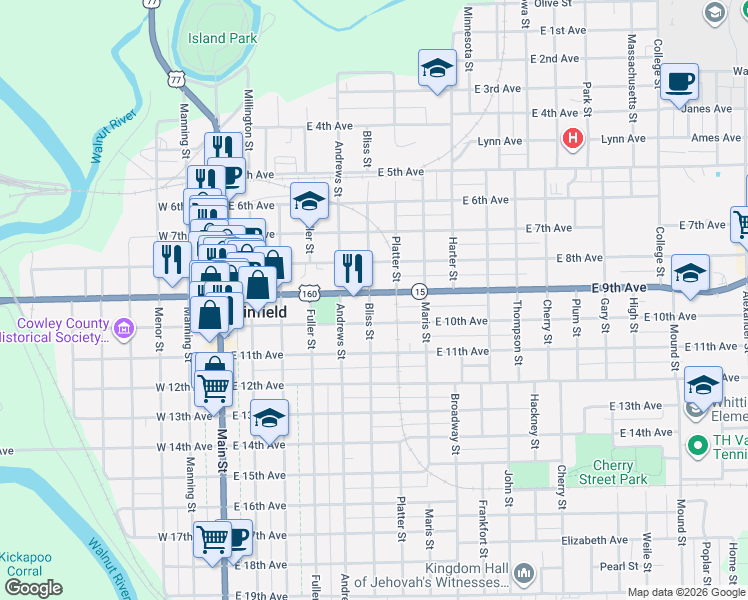 map of restaurants, bars, coffee shops, grocery stores, and more near 618 E 9th Ave in Winfield