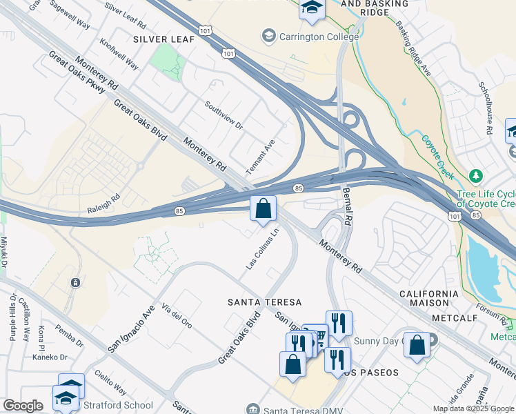 map of restaurants, bars, coffee shops, grocery stores, and more near 5901-5917 Monterey Road in San Jose