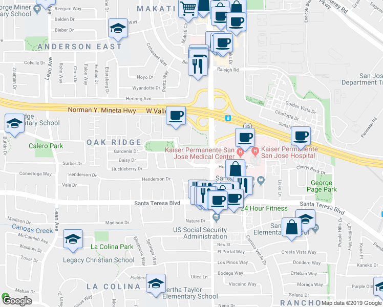 map of restaurants, bars, coffee shops, grocery stores, and more near 445 Ribbonwood Avenue in San Jose