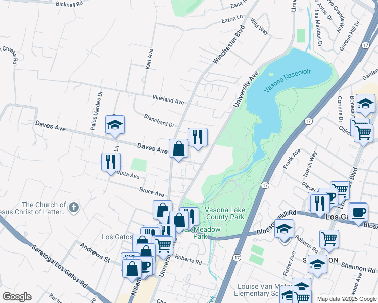 map of restaurants, bars, coffee shops, grocery stores, and more near 17447 Farley Road West in Los Gatos