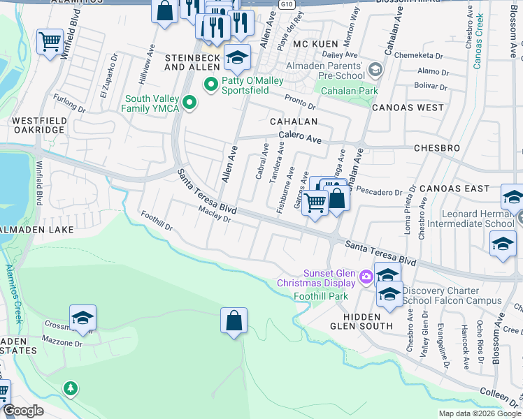 map of restaurants, bars, coffee shops, grocery stores, and more near 5962 Cabral Avenue in San Jose