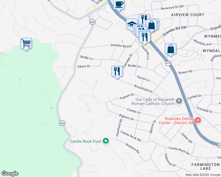 map of restaurants, bars, coffee shops, grocery stores, and more near 1902 Cantle Lane in Cave Spring