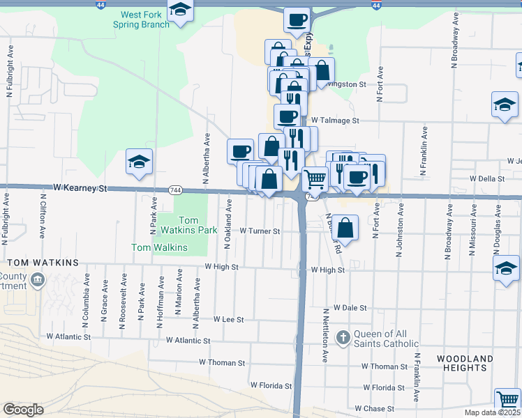 map of restaurants, bars, coffee shops, grocery stores, and more near 2339 North Lexington Avenue in Springfield