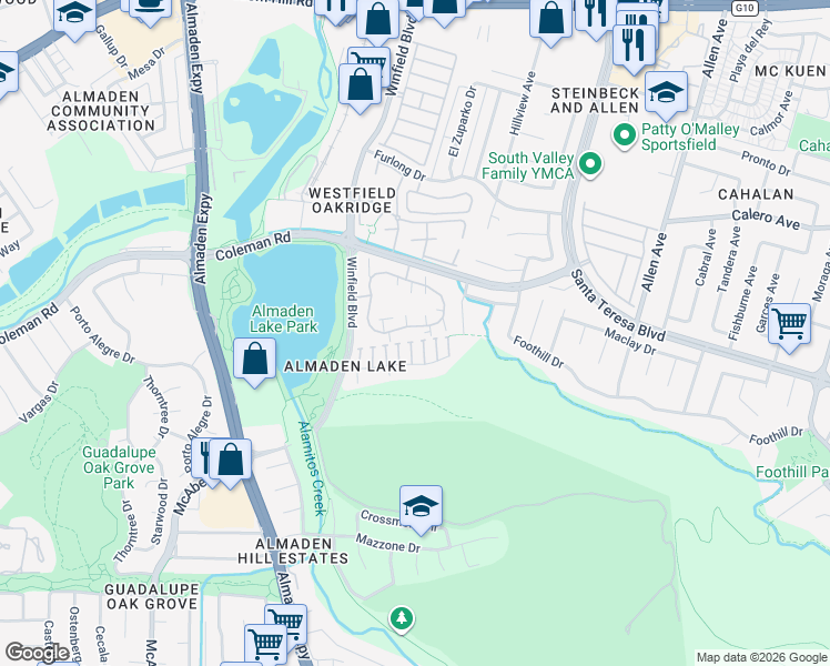 map of restaurants, bars, coffee shops, grocery stores, and more near 1622 La Terrace Circle in San Jose