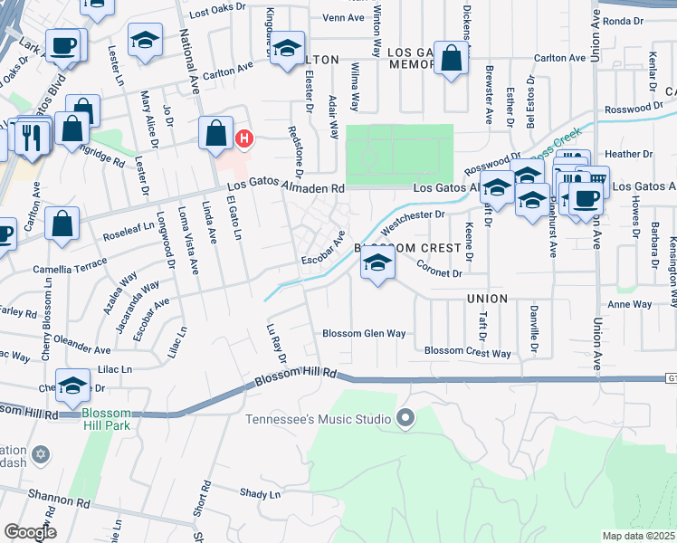 map of restaurants, bars, coffee shops, grocery stores, and more near 193 Escobar Avenue in Los Gatos