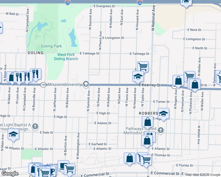 map of restaurants, bars, coffee shops, grocery stores, and more near 910 East Kearney Street in Springfield