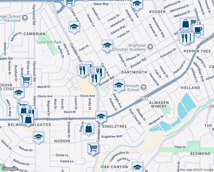 map of restaurants, bars, coffee shops, grocery stores, and more near 1582 Kooser Road in San Jose