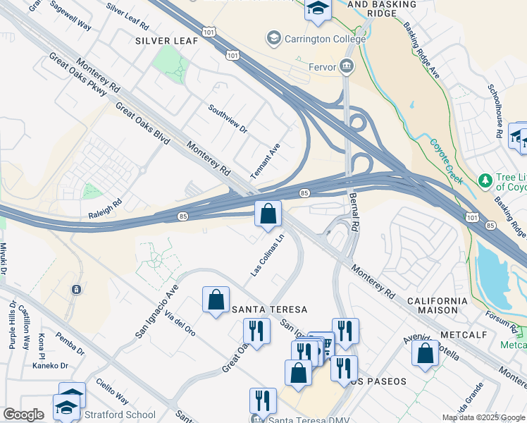 map of restaurants, bars, coffee shops, grocery stores, and more near 7 Great Oaks Boulevard in San Jose