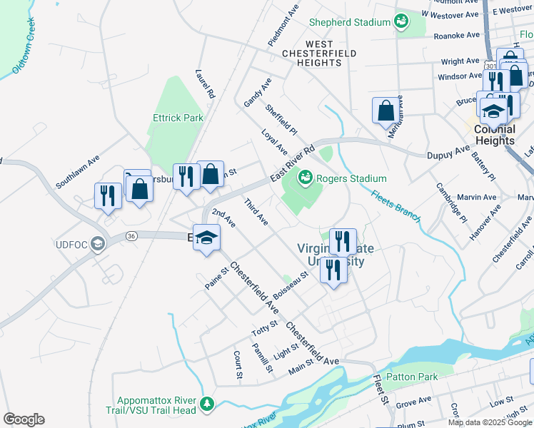 map of restaurants, bars, coffee shops, grocery stores, and more near 20709 Third Avenue in Ettrick