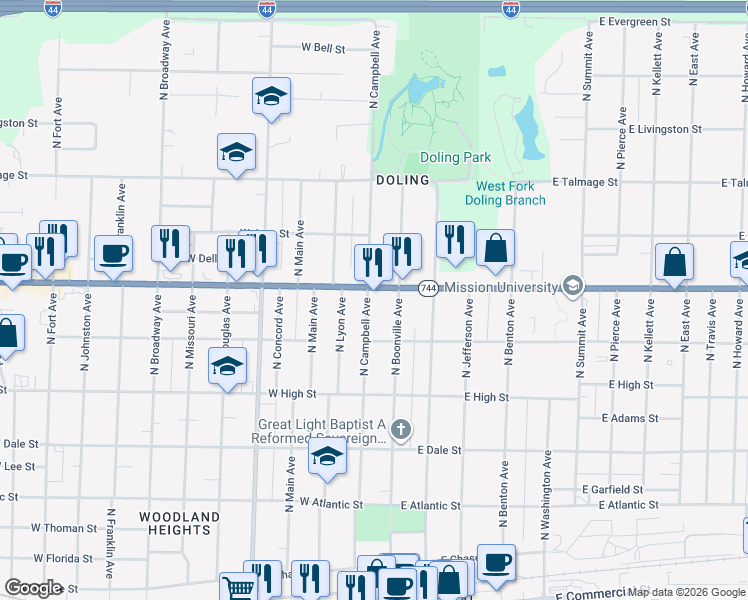 map of restaurants, bars, coffee shops, grocery stores, and more near 316 W Kearney St in Springfield