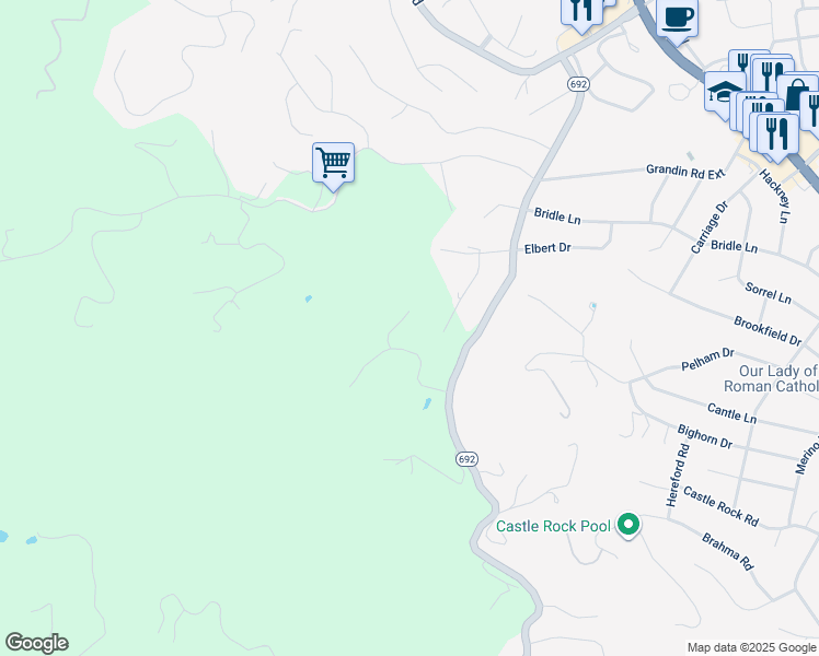 map of restaurants, bars, coffee shops, grocery stores, and more near 5721 Longridge Circle in Roanoke