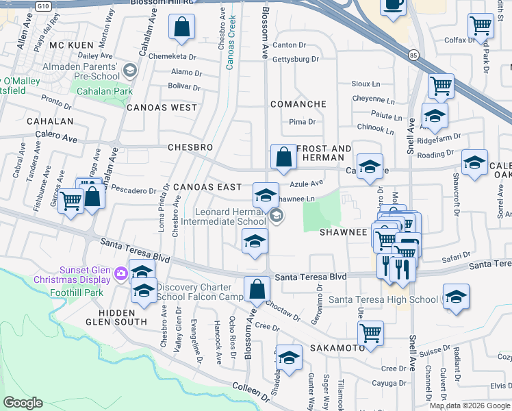 map of restaurants, bars, coffee shops, grocery stores, and more near 728 Shawnee Lane in San Jose