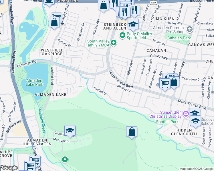 map of restaurants, bars, coffee shops, grocery stores, and more near 6001 Maclay Court in San Jose