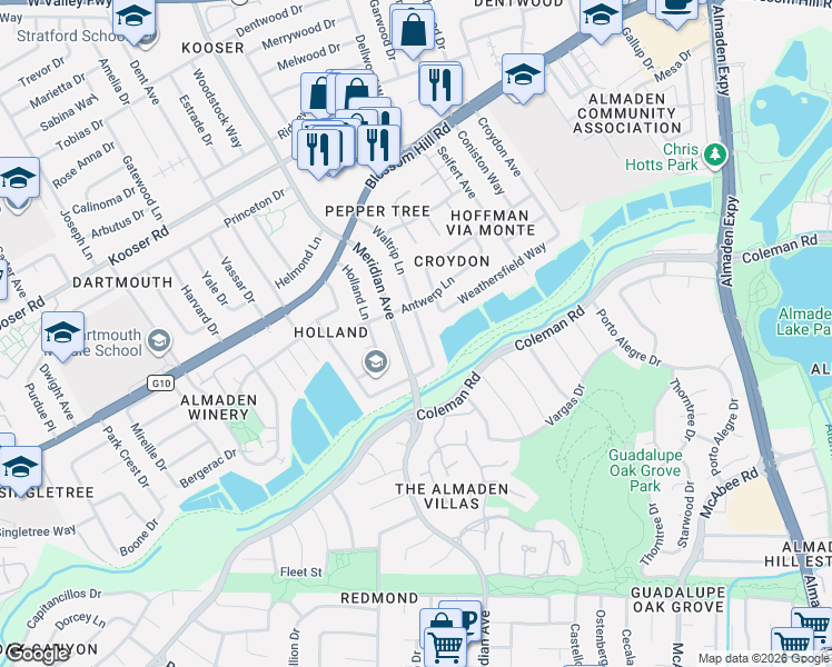 map of restaurants, bars, coffee shops, grocery stores, and more near 5727 Waltrip Lane in San Jose