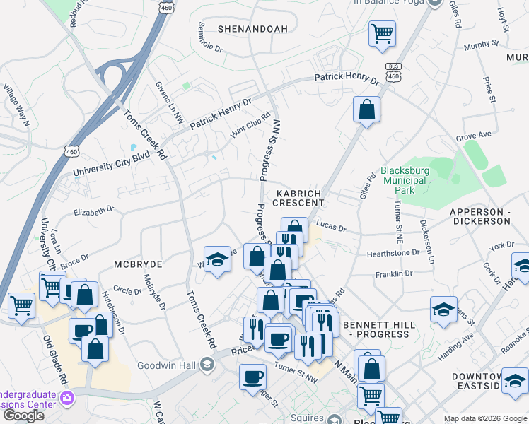 map of restaurants, bars, coffee shops, grocery stores, and more near 1109 Progress Street Northwest in Blacksburg