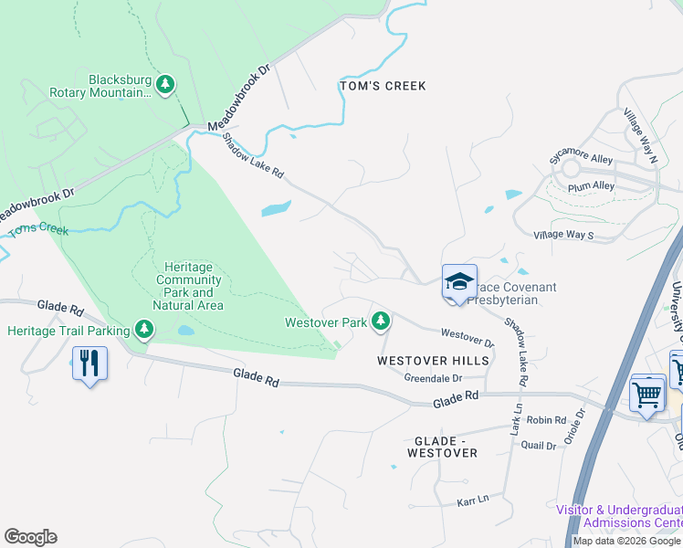 map of restaurants, bars, coffee shops, grocery stores, and more near 1724 Sage Lane in Blacksburg