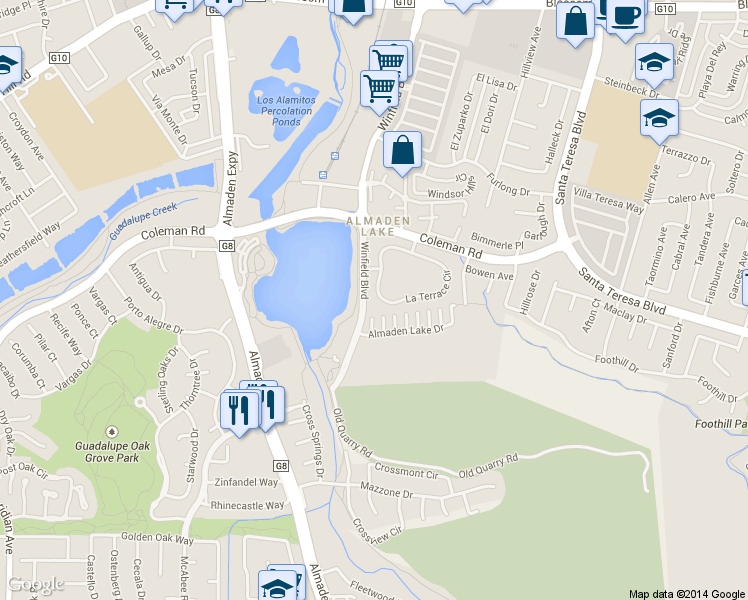 map of restaurants, bars, coffee shops, grocery stores, and more near 1112 La Terrace Circle in San Jose
