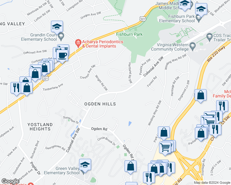 map of restaurants, bars, coffee shops, grocery stores, and more near 3203 Colonial Avenue in Roanoke