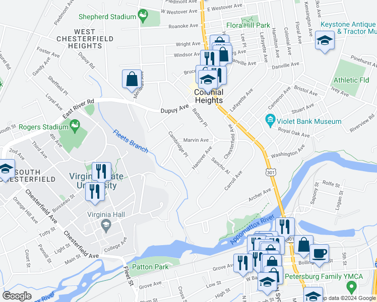 map of restaurants, bars, coffee shops, grocery stores, and more near 214 Cambridge Place in Colonial Heights