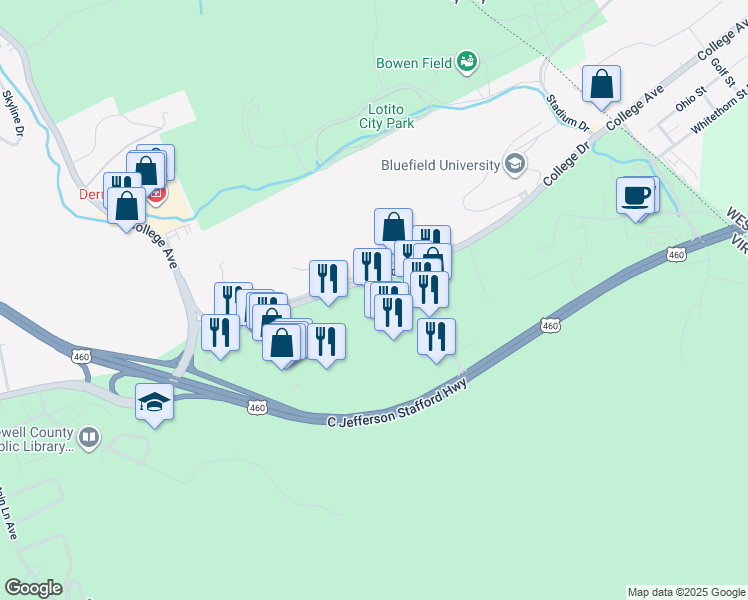 map of restaurants, bars, coffee shops, grocery stores, and more near 535 Commerce Drive in Bluefield
