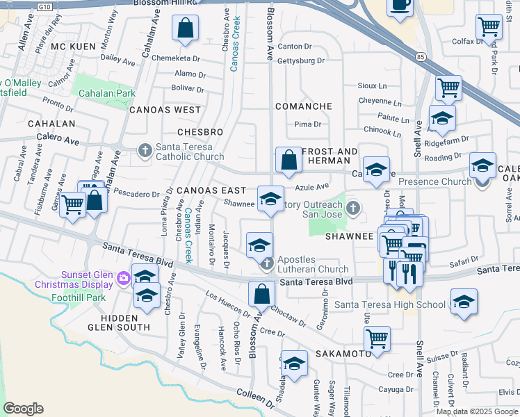 map of restaurants, bars, coffee shops, grocery stores, and more near 728 Shawnee Lane in San Jose