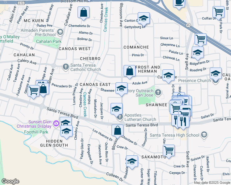 map of restaurants, bars, coffee shops, grocery stores, and more near 728 Shawnee Lane in San Jose