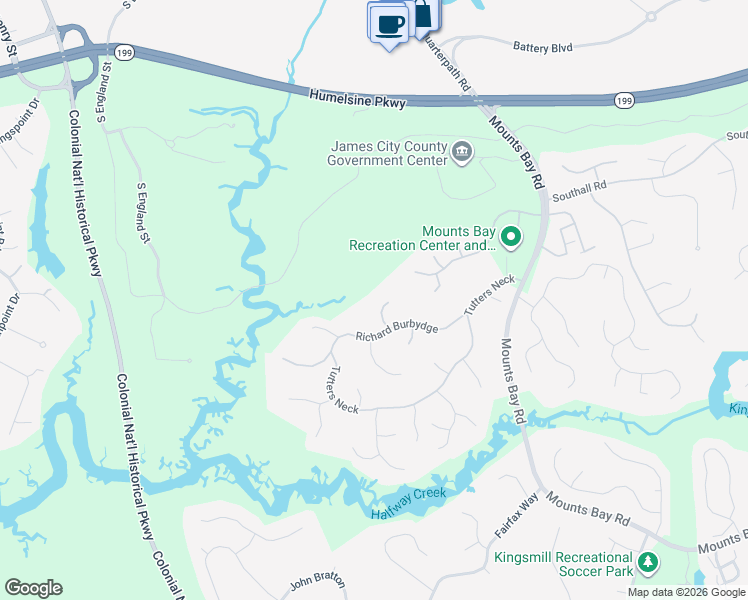 map of restaurants, bars, coffee shops, grocery stores, and more near 109 Elizabeth Meriwether in Williamsburg