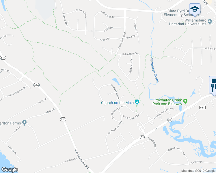 map of restaurants, bars, coffee shops, grocery stores, and more near 4675 Yeardley Loop in Williamsburg