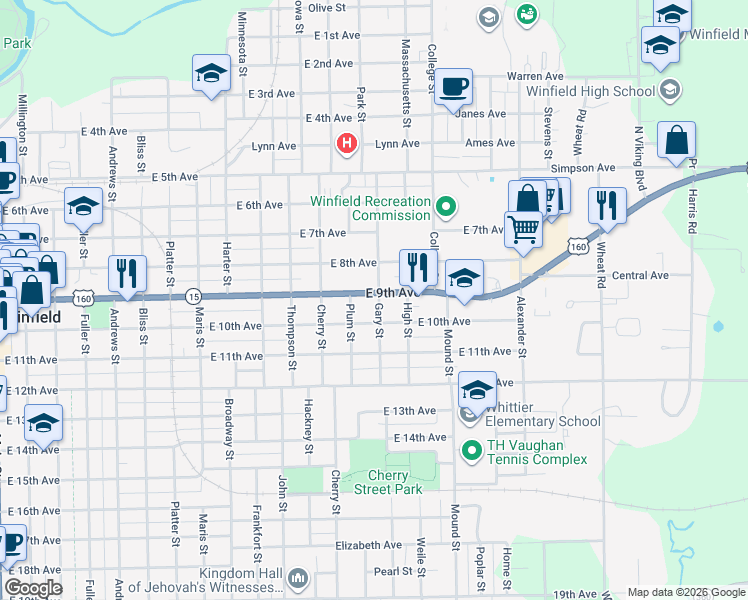 map of restaurants, bars, coffee shops, grocery stores, and more near 1321 East 9th Avenue in Winfield