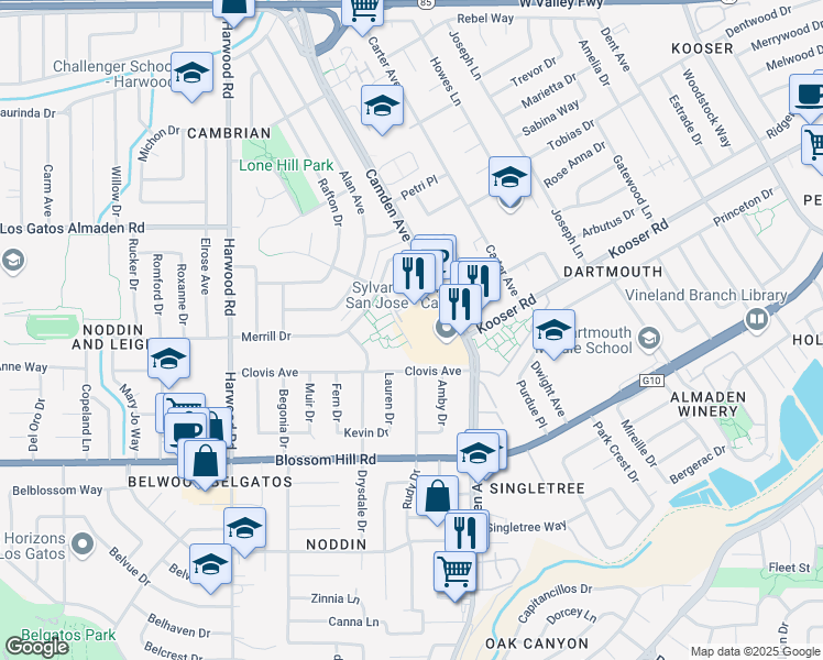 map of restaurants, bars, coffee shops, grocery stores, and more near 5401 Camden Avenue in San Jose