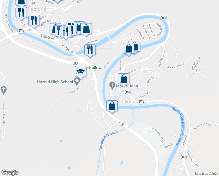 map of restaurants, bars, coffee shops, grocery stores, and more near 217 Hemlock Street in Hazard