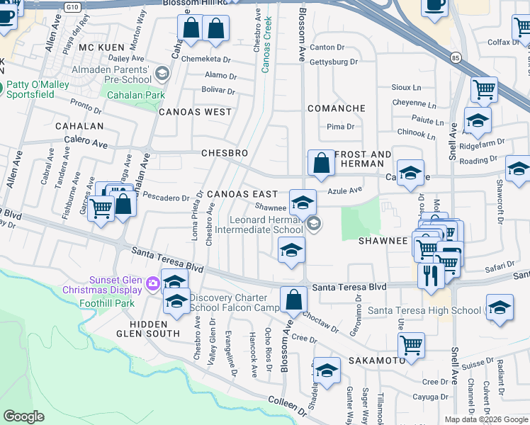 map of restaurants, bars, coffee shops, grocery stores, and more near 742 Shawnee Lane in San Jose