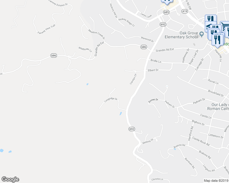 map of restaurants, bars, coffee shops, grocery stores, and more near 5721 Longridge Circle in Roanoke