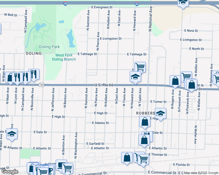map of restaurants, bars, coffee shops, grocery stores, and more near 910 East Kearney Street in Springfield