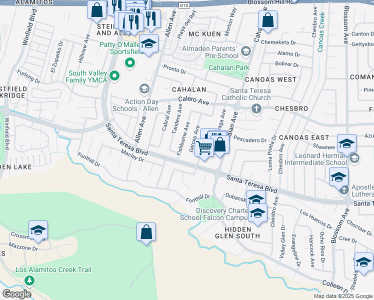 map of restaurants, bars, coffee shops, grocery stores, and more near 5966 Fishburne Avenue in San Jose