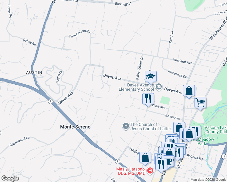 map of restaurants, bars, coffee shops, grocery stores, and more near 18138 Daves Avenue in Monte Sereno